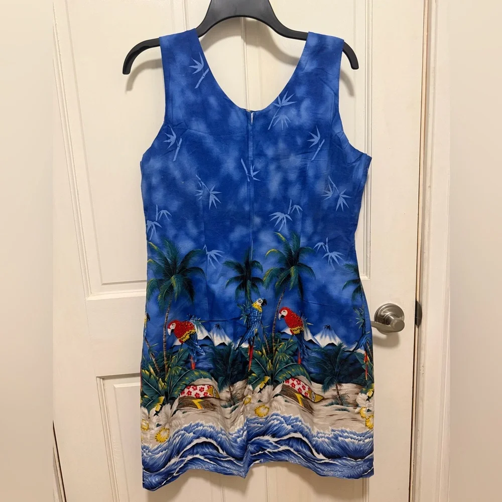 Vintage KY’s Hawaiian Tropical Blue Parrot Print Sleeveless Cotton Dress - Picture 2 of 5